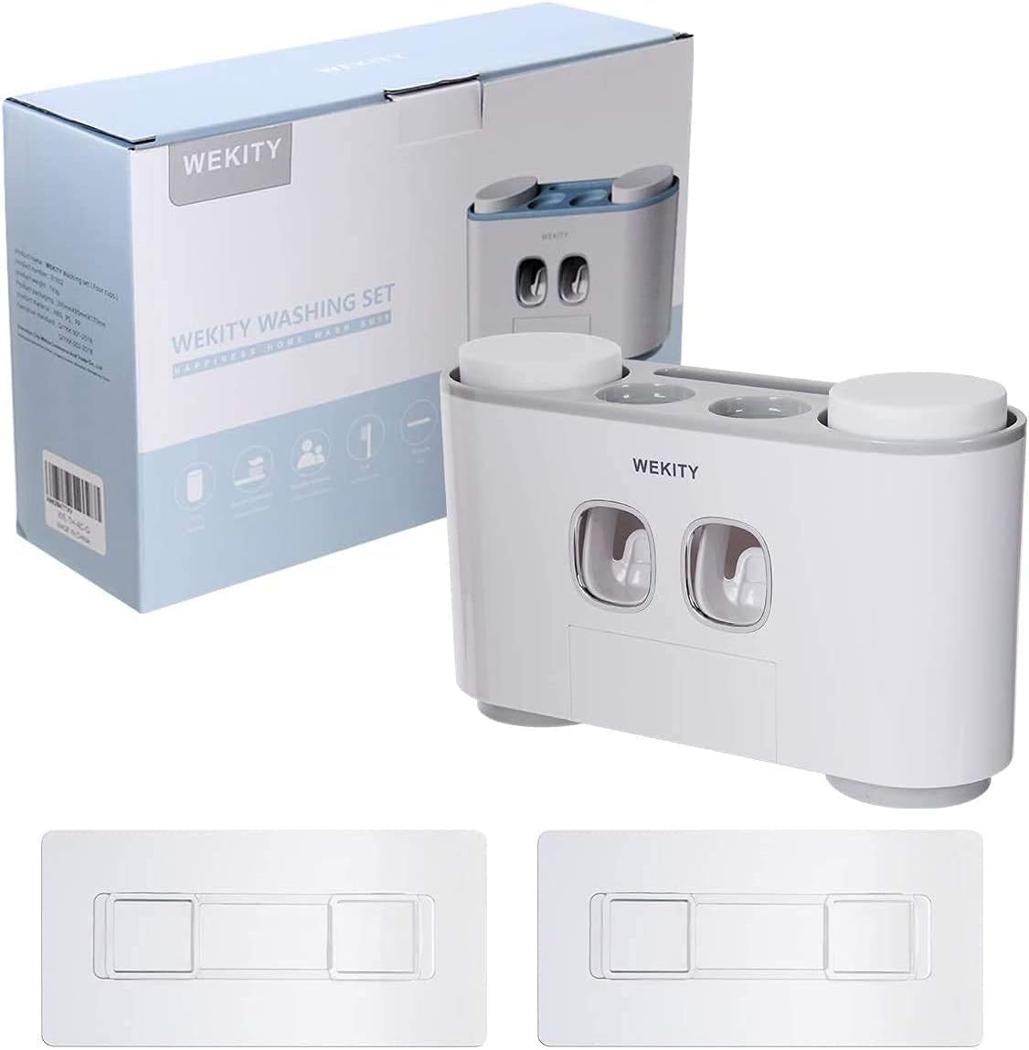 Toothbrush Holder WREWING Multi-Function Wall-Mounted Automatic Toothpaste Dispenser and Dust-Proof Toothbrush Holder with 5 Brush Slots 4 Cups 2 Automatic Toothpaste Dispensers 1 Storage Slot (Grey)