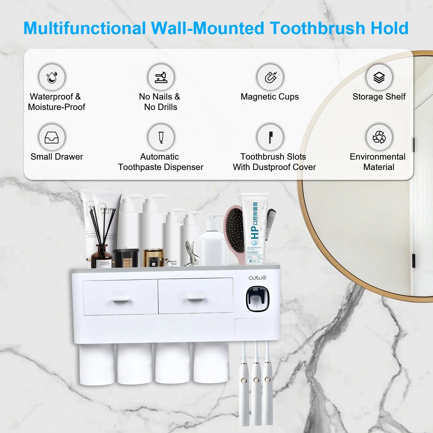 Wall Mounted Toothbrush Holder for Bathroom, Automatic Toothpaste Dispenser Kit with Magnetic Cups Kids & Family Set Toothbrush Holders, Storage Rack & Easy Install, Durable Space-Saving (Grey,4 Cups)