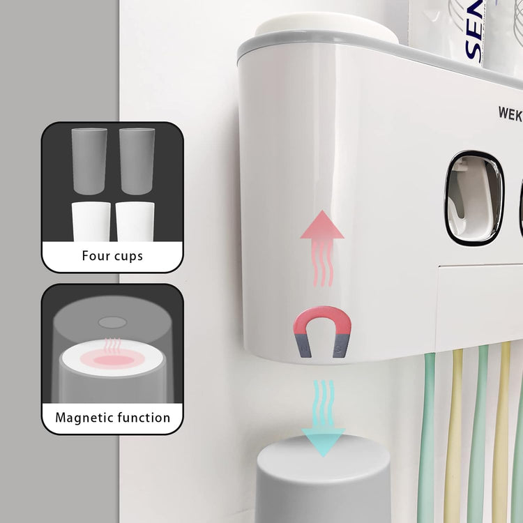 Toothbrush Holder WREWING Multi-Function Wall-Mounted Automatic Toothpaste Dispenser and Dust-Proof Toothbrush Holder with 5 Brush Slots 4 Cups 2 Automatic Toothpaste Dispensers 1 Storage Slot (Grey)