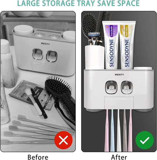 Toothbrush Holder WREWING Multi-Function Wall-Mounted Automatic Toothpaste Dispenser and Dust-Proof Toothbrush Holder with 5 Brush Slots 4 Cups 2 Automatic Toothpaste Dispensers 1 Storage Slot (Grey)