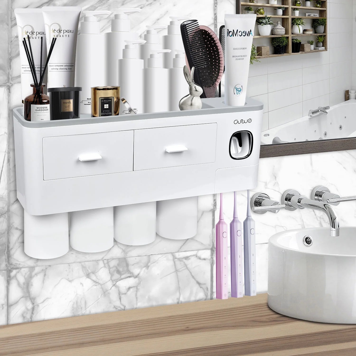 Wall Mounted Toothbrush Holder for Bathroom, Automatic Toothpaste Dispenser Kit with Magnetic Cups Kids & Family Set Toothbrush Holders, Storage Rack & Easy Install, Durable Space-Saving (Grey,4 Cups)