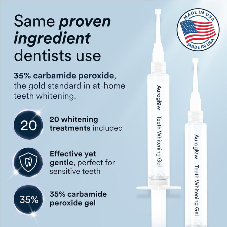 Auraglow Teeth Whitening Kit, LED Accelerator Light, 35% Carbamide Peroxide Teeth Whitening Gel, 20+ Whitening Treatments, Whitens up to 10 Shades in 7 Days