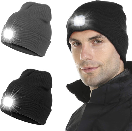 Tutuko LED Beanie with Light 2-Pack, Rechargeable Lighted Cap Headlamp Hat，Led Hat with Flashlight，Gifts for Men Women