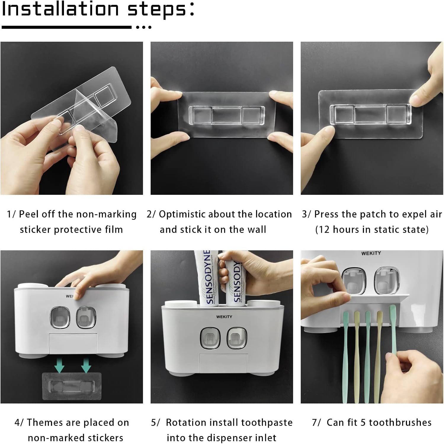Toothbrush Holder WREWING Multi-Function Wall-Mounted Automatic Toothpaste Dispenser and Dust-Proof Toothbrush Holder with 5 Brush Slots 4 Cups 2 Automatic Toothpaste Dispensers 1 Storage Slot (Grey)