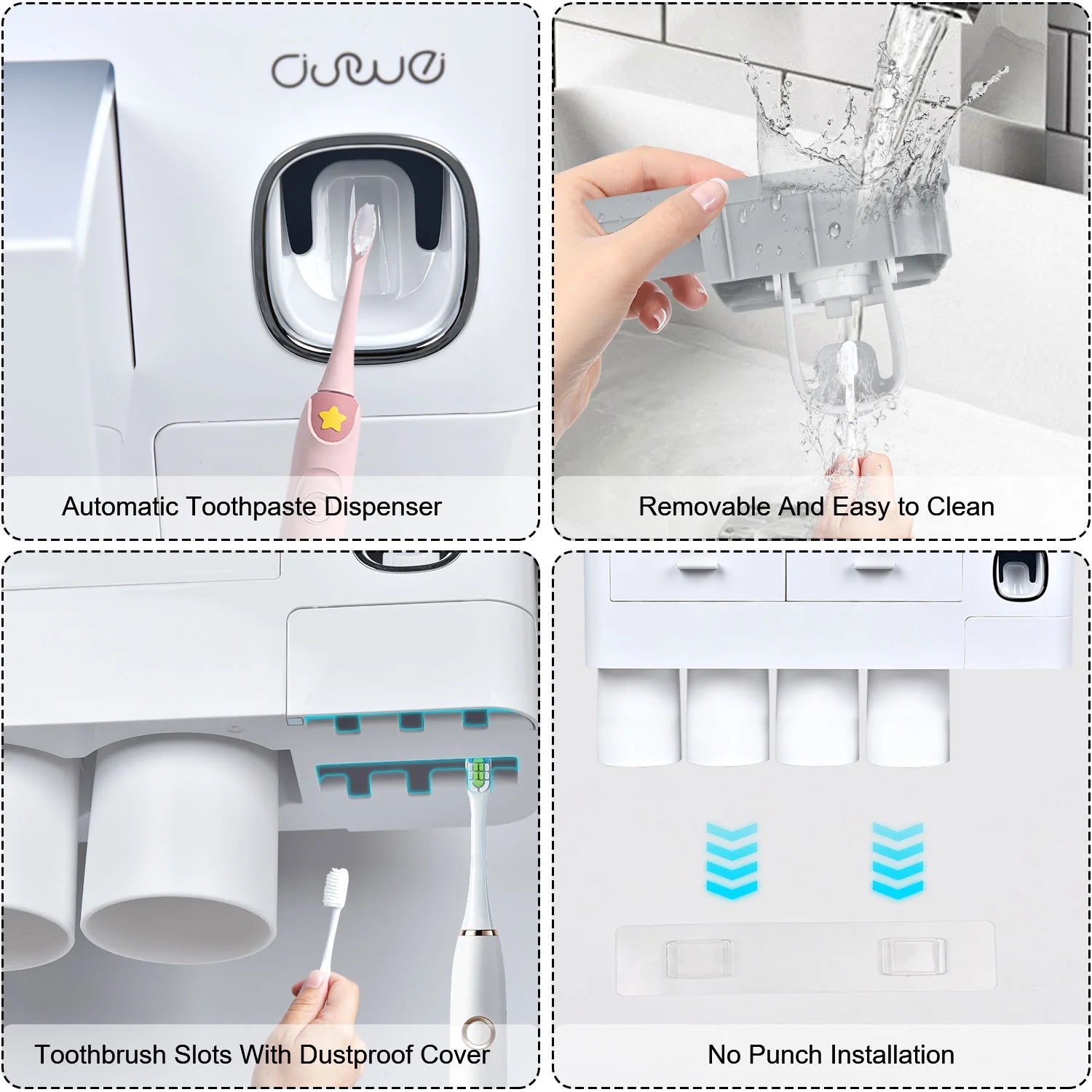Wall Mounted Toothbrush Holder for Bathroom, Automatic Toothpaste Dispenser Kit with Magnetic Cups Kids & Family Set Toothbrush Holders, Storage Rack & Easy Install, Durable Space-Saving (Grey,4 Cups)