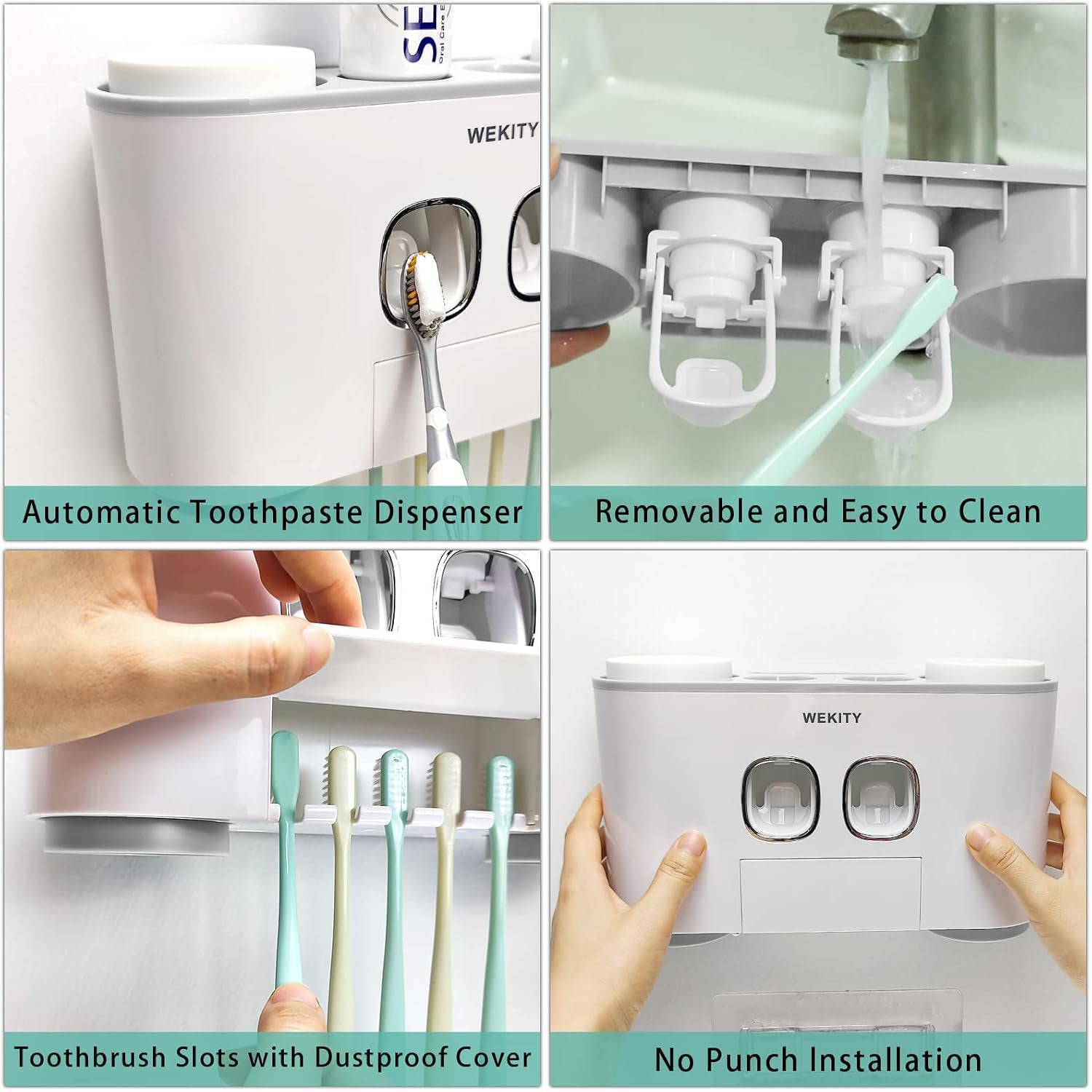Toothbrush Holder WREWING Multi-Function Wall-Mounted Automatic Toothpaste Dispenser and Dust-Proof Toothbrush Holder with 5 Brush Slots 4 Cups 2 Automatic Toothpaste Dispensers 1 Storage Slot (Grey)