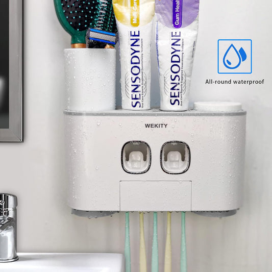 Toothbrush Holder WREWING Multi-Function Wall-Mounted Automatic Toothpaste Dispenser and Dust-Proof Toothbrush Holder with 5 Brush Slots 4 Cups 2 Automatic Toothpaste Dispensers 1 Storage Slot (Grey)