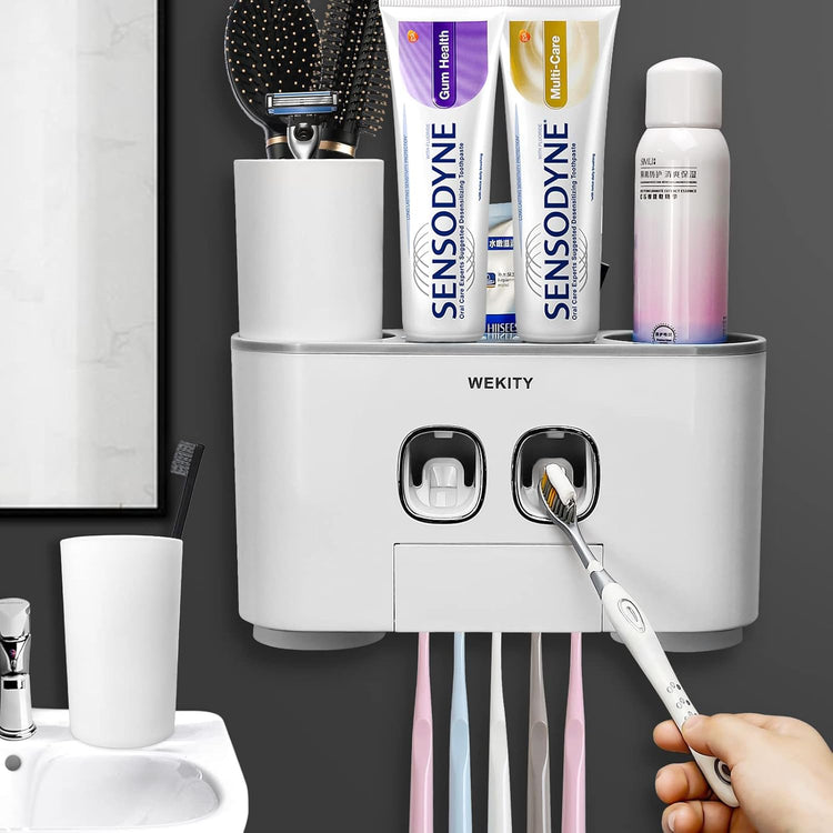 Toothbrush Holder WREWING Multi-Function Wall-Mounted Automatic Toothpaste Dispenser and Dust-Proof Toothbrush Holder with 5 Brush Slots 4 Cups 2 Automatic Toothpaste Dispensers 1 Storage Slot (Grey)
