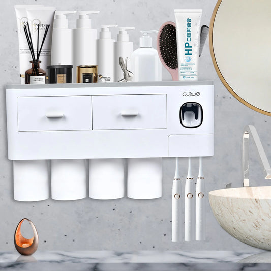 Wall Mounted Toothbrush Holder for Bathroom, Automatic Toothpaste Dispenser Kit with Magnetic Cups Kids & Family Set Toothbrush Holders, Storage Rack & Easy Install, Durable Space-Saving (Grey,4 Cups)